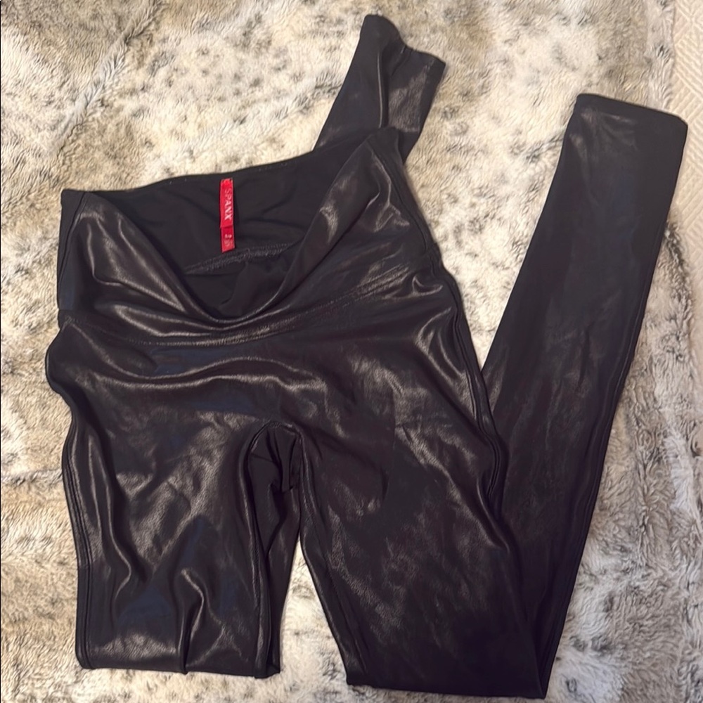 SPANX Black Faux Leather Leggings with Glossy Finish